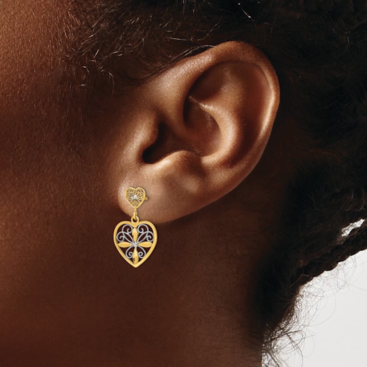 14K Two-tone Gold Flower and Heart Beaded Filigree Dangle Earrings
