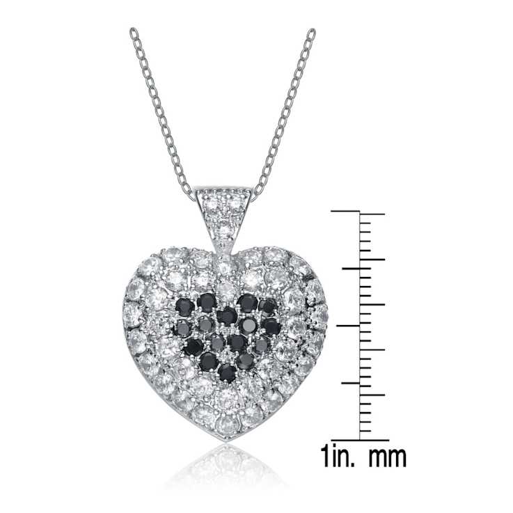 Black And White CZ Heart Pendant Necklace In Sterling Silver