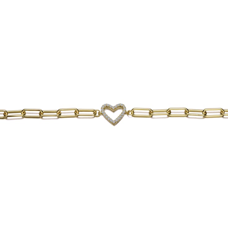 CZ Halo Open Heart Paperclip Link Bracelet In 14K Gold Over Brass