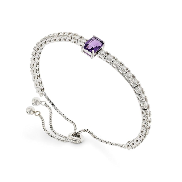 Purple Amethyst with Moissanite Accents Rhodium Over Sterling Silver Bracelet