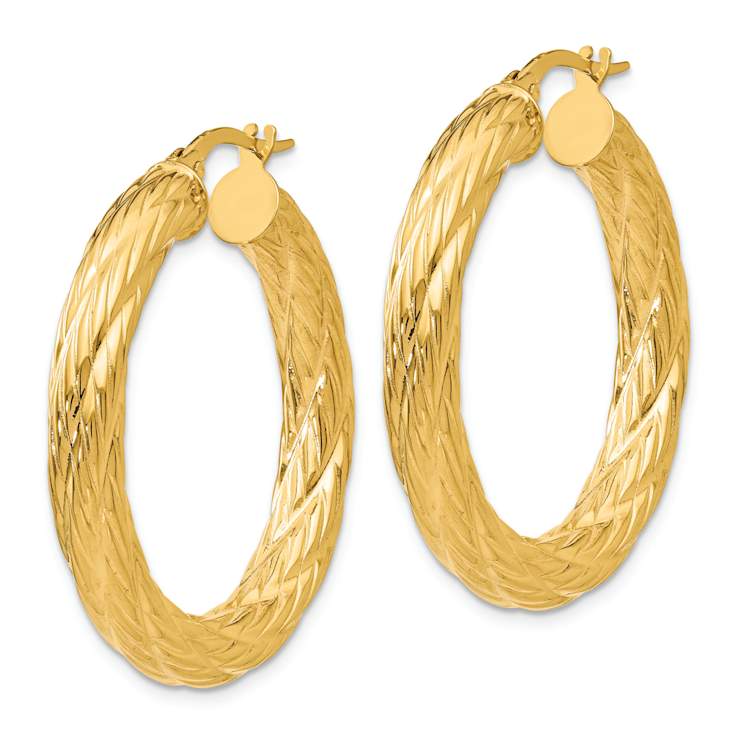 14k Yellow Gold 1 7/16" Textured Tube Hoop Earrings