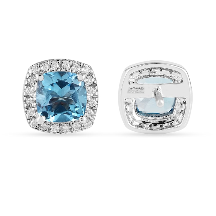 Swiss Blue Topaz with Moissanite  Rhodium Over Sterling Silver Halo Stud
Silver Earrings