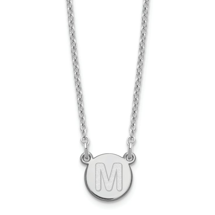 Rhodium Over Sterling Silver Tiny Circle Block Letter M Initial Necklace