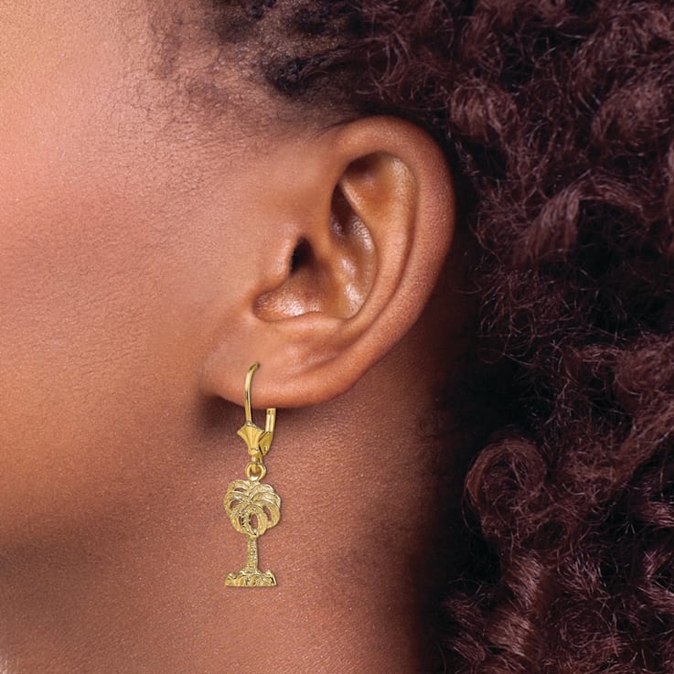 14K Yellow Gold Textured Palm Tree Dangle Earrings