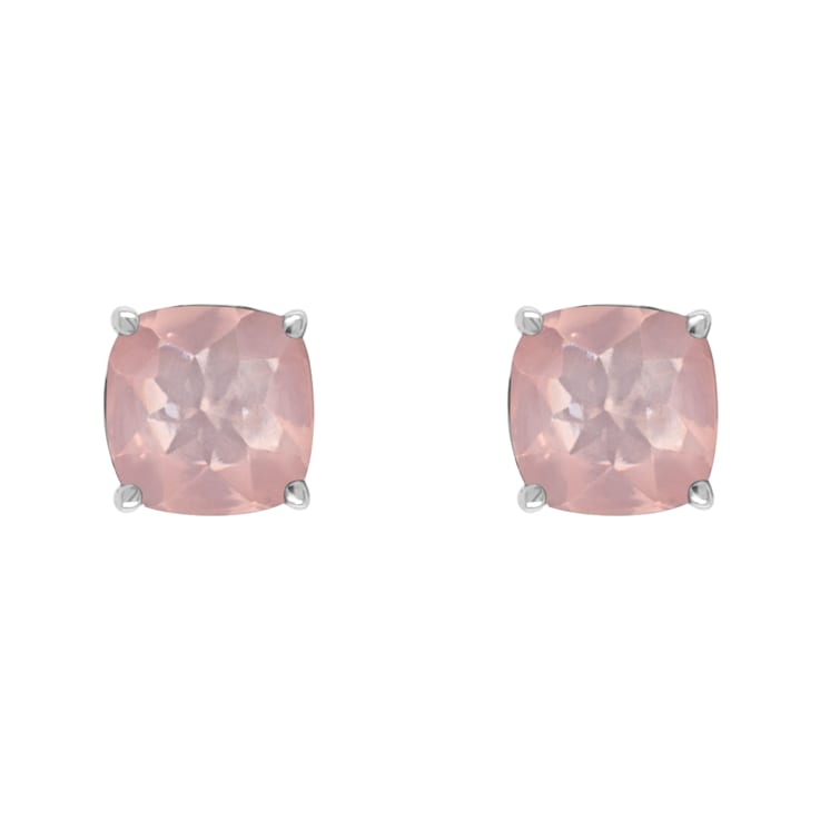 6mm Square Cushion Rose Quartz Rhodium Over Sterling Silver Stud Earrings