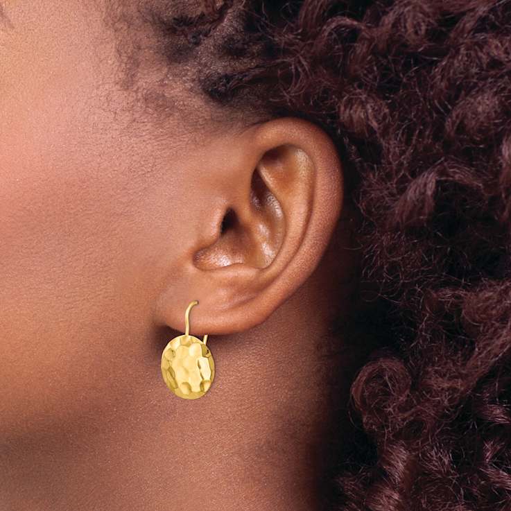 14k Yellow Gold Hammered Circle Disc Dangle Earrings