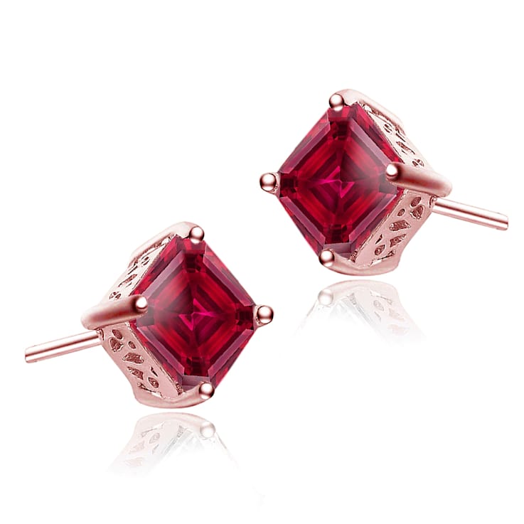 Ruby Color CZ Princess-Cut Stud Earrings In 18K Rose Gold Over Sterling Silver