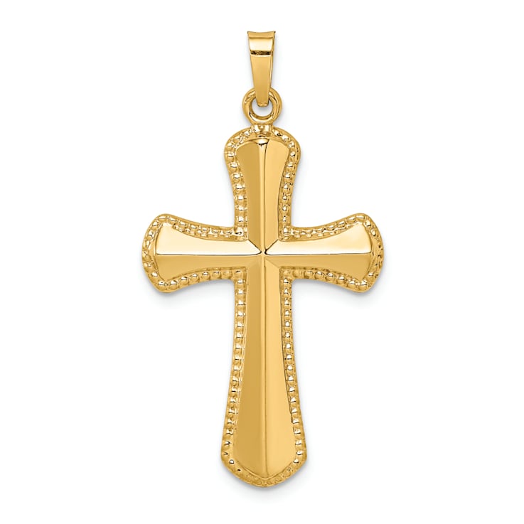 14k Yellow Gold Polished Beaded Edge Cross Pendant
