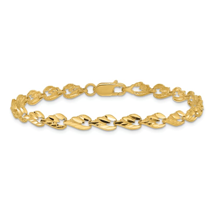 14k Yellow Gold Polished Diamond-Cut Leaf Link Bracelet