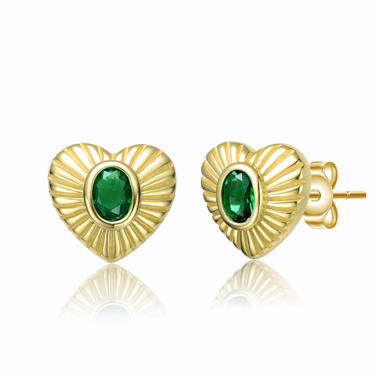 Emerald Color CZ Heart Stud Earrings In 14K Gold Over Sterling Silver