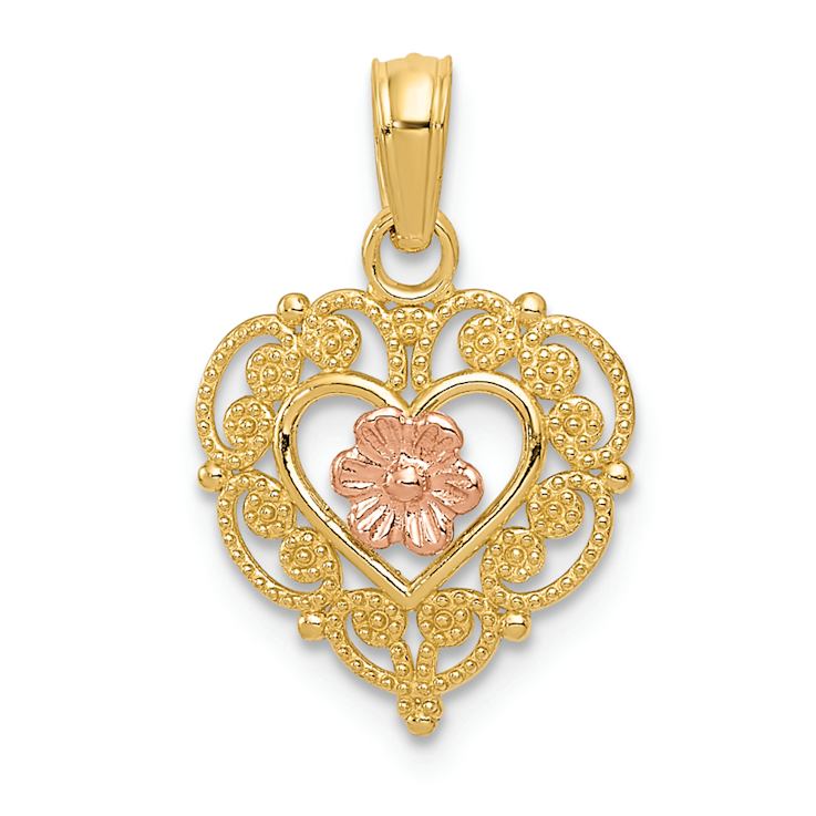 14K Two-tone Gold  Polished and Textured Flower in Fancy Border Heart Pendant