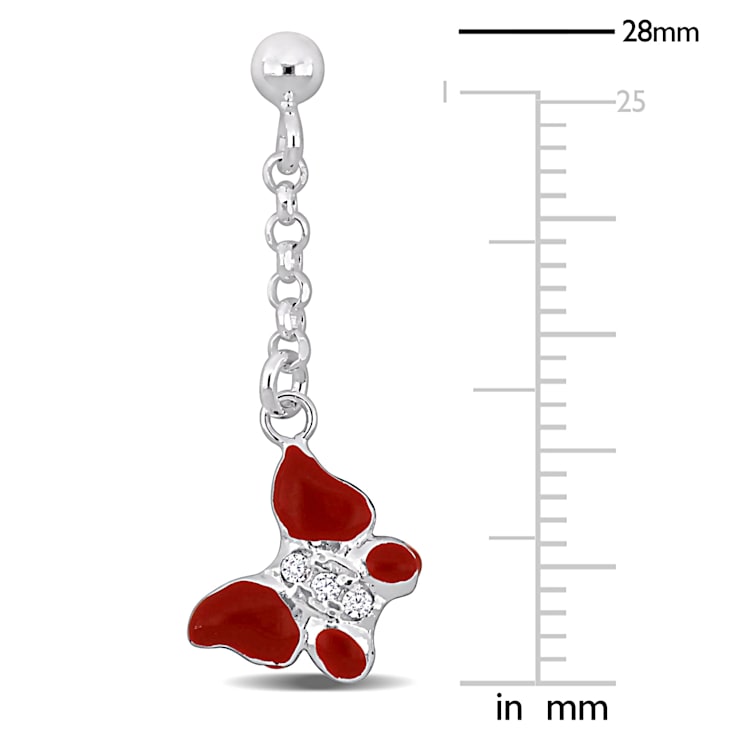 Children's Cubic Zirconia Red Enamel Butterfly Drop Earrings in Sterling Silver
