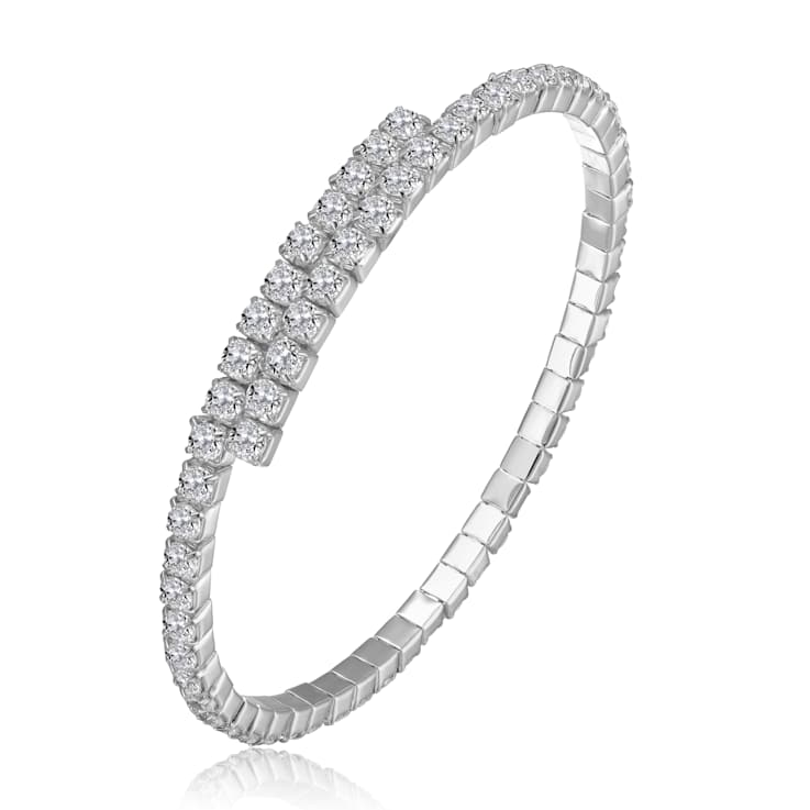 Bypass CZ Tennis Bracelet In White Rhodium Over Brass