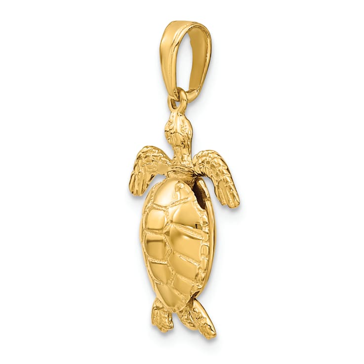 14k Yellow Gold Solid 3D Polished and Textured Moveable Turtle Pendant