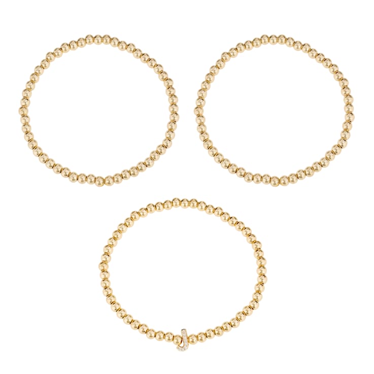 Initial J CZ Beaded Bracelet Set In 14K Gold Over Brass 0.07ctw