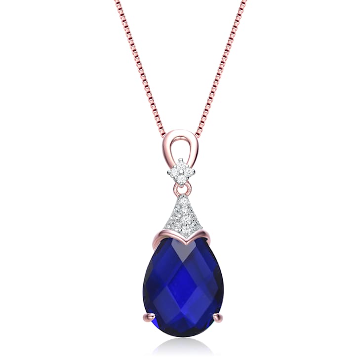 Sapphire Color CZ Teardrop Pendant In 18K Rose Gold Over Sterling Silver