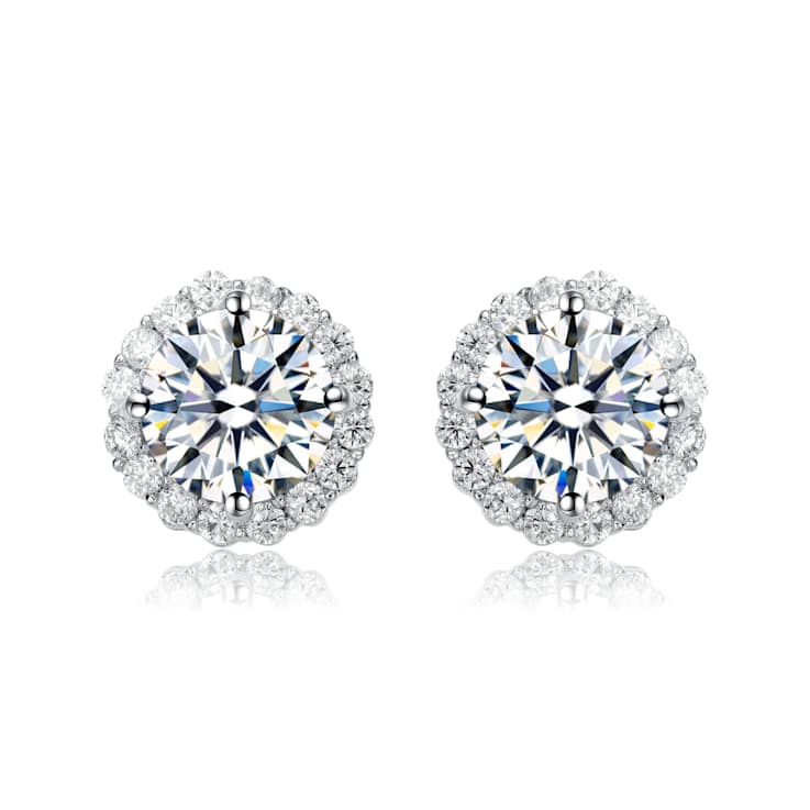 CZ Halo Stud Earrings In White Rhodium Over Brass