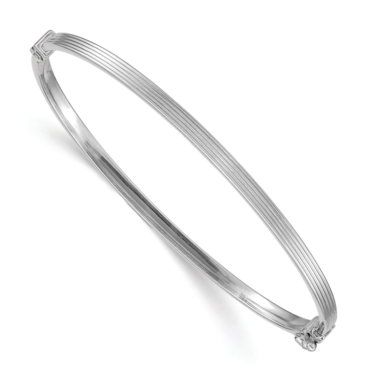 Rhodium Over 14k White Gold 3mm Polished Textured Hinged Bangle