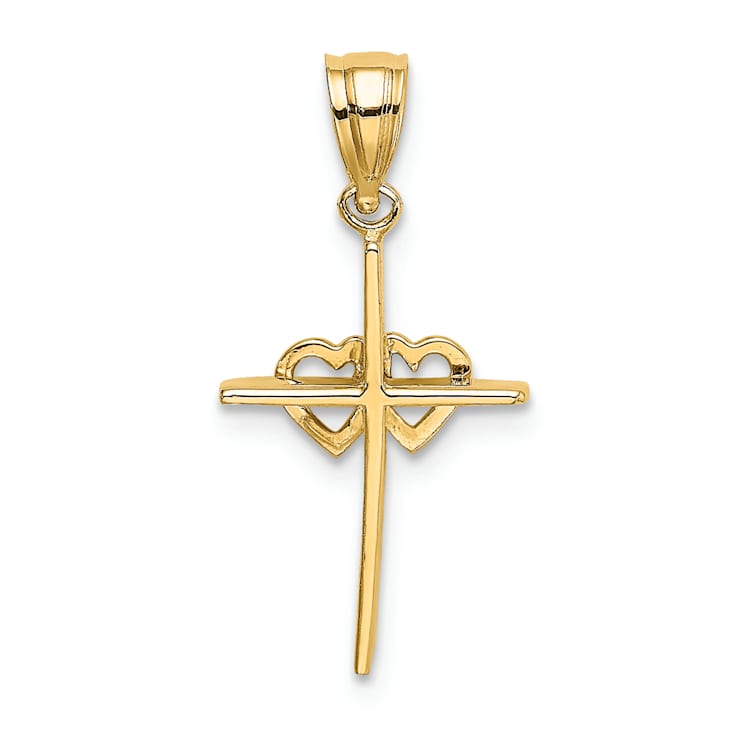 14K Yellow Gold Polished Double Hearts On Stick Cross Charm Pendant