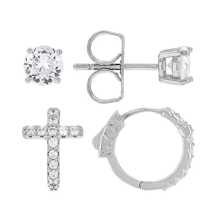 CZ Cross Huggie And Stud Earring Set In Gold-Tone Brass