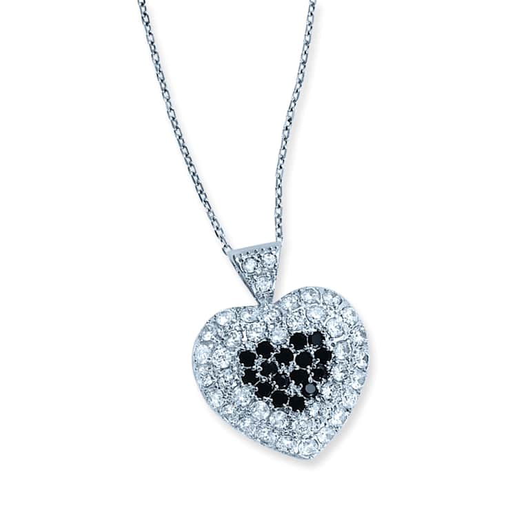 Black And White CZ Heart Pendant Necklace In Sterling Silver