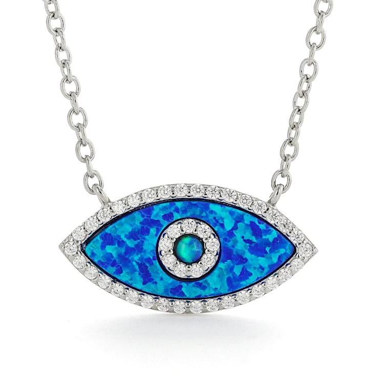 Lab Created Blue Opal Pendant with CZ Accents Rhodium Over Sterling
Silver Evil Eye Necklace