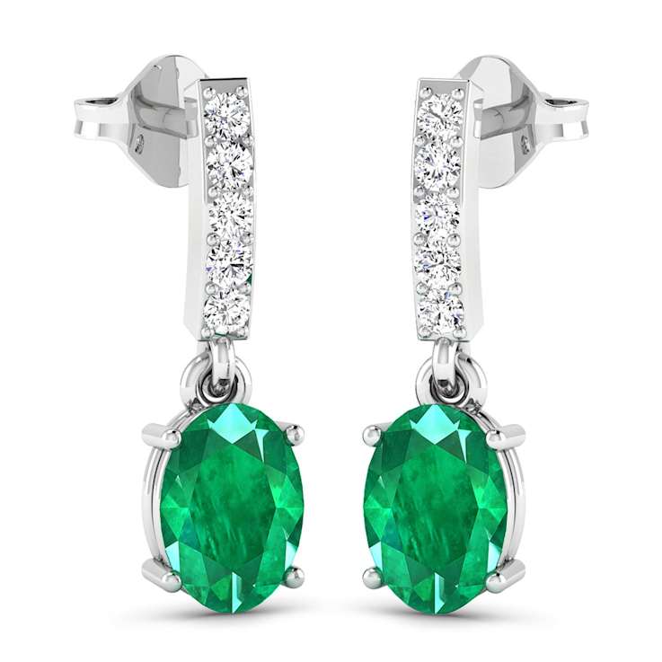 1.12ctw 14K White Gold  Zambian Green Emerald and White Diamond Halo Earrings