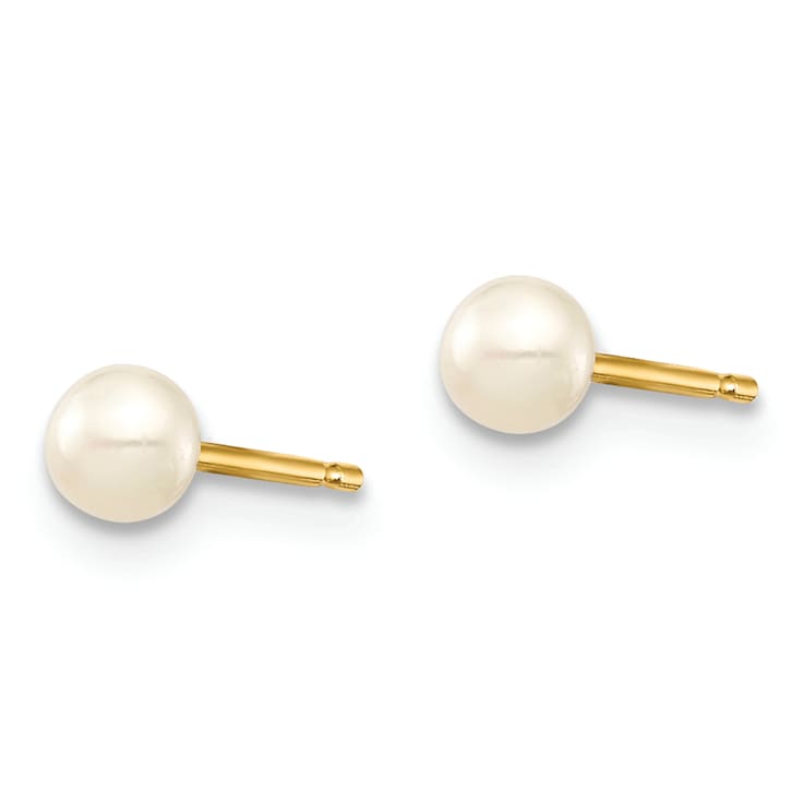 14K Yellow Gold 3-4mm White Button Freshwater Cultured Pearl Stud Post Earrings