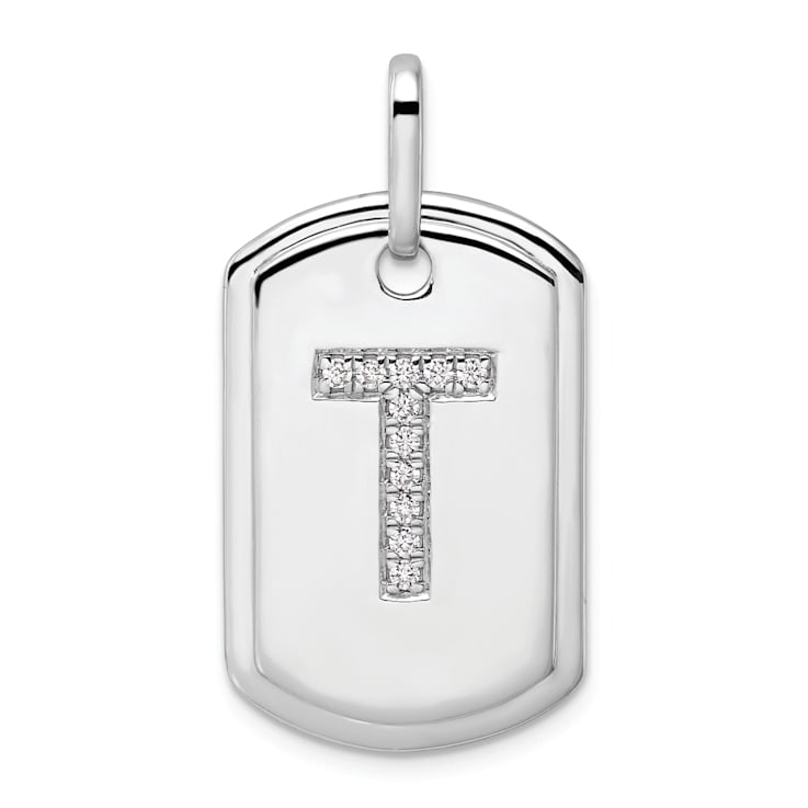 Rhodium Over 14k White Gold Diamond Initial T Dog Tag Charm