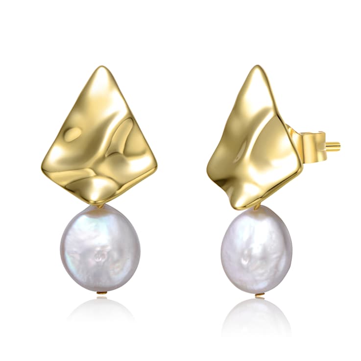 Freshwater Pearl Rippled Drop Earrings In 14K Gold Over Sterling Silver
