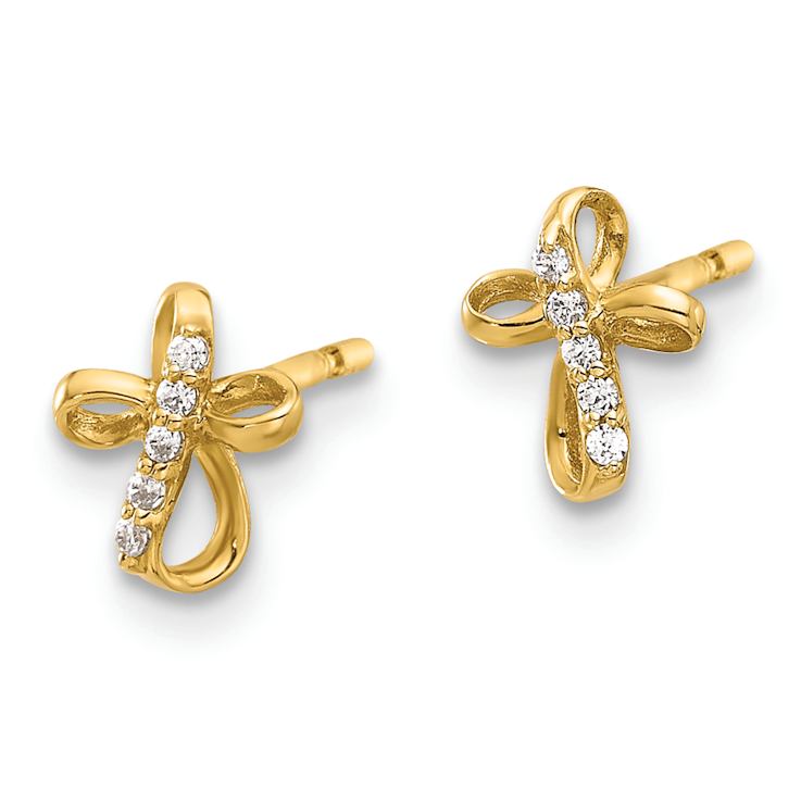 14k Yellow Gold Cubic Zirconia Cross Stud Earrings