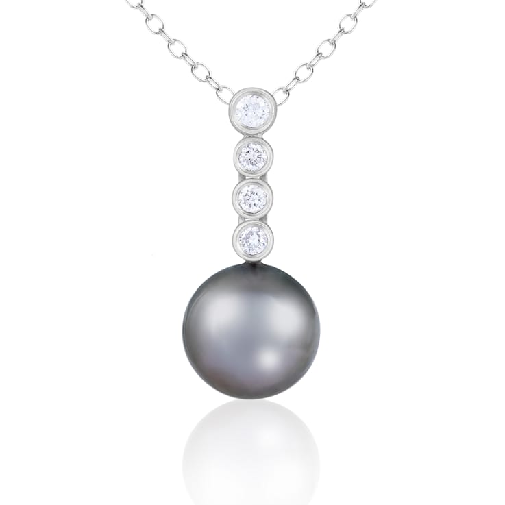 Black Cultured Tahitian Pearl and Diamond 14K White Gold Pendant 9-10mm