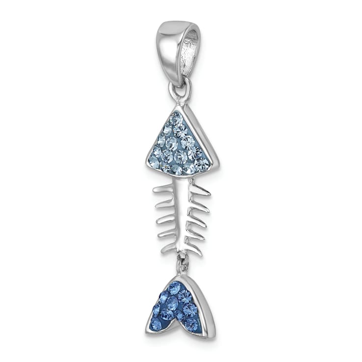 Rhodium Over Sterling Silver Moveable Blue Crystal Bonefish Pendant