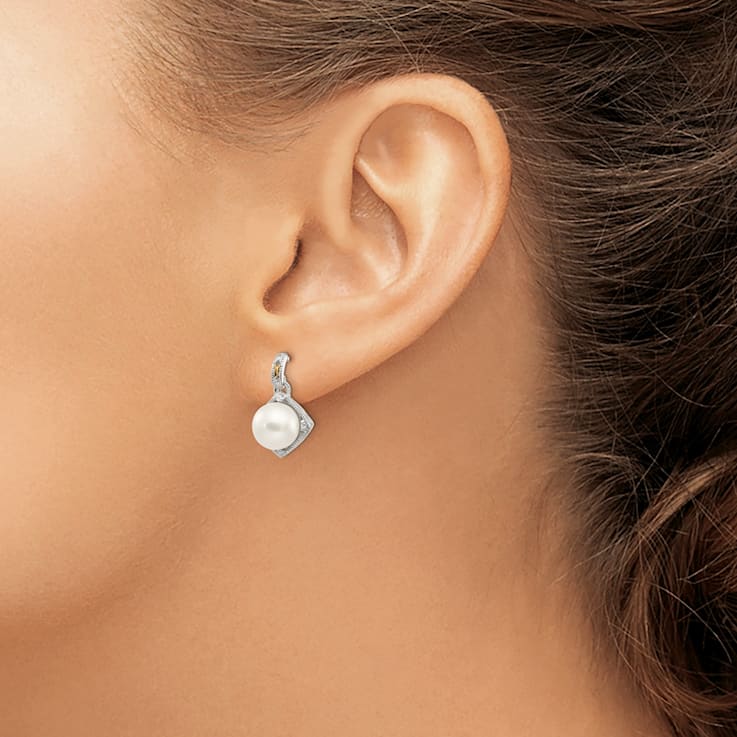 Sterling Silver Rhodium-plated with 14K Accent Freshwater Cultured Pearl
and Diamond Post Earrings