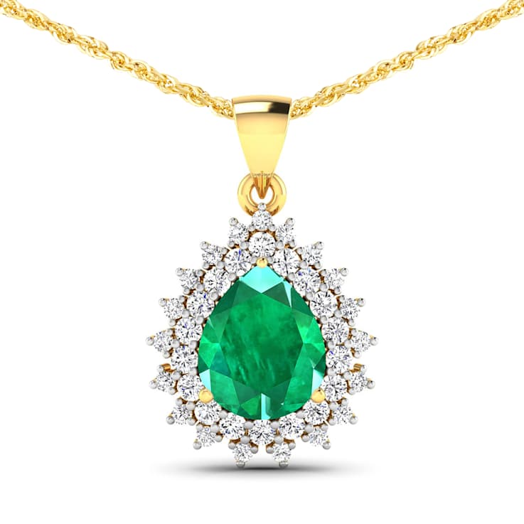 2.85ctw 14K Yellow Gold Zambian Emerald and White Diamond Pendant with
18 inch Cable Chain