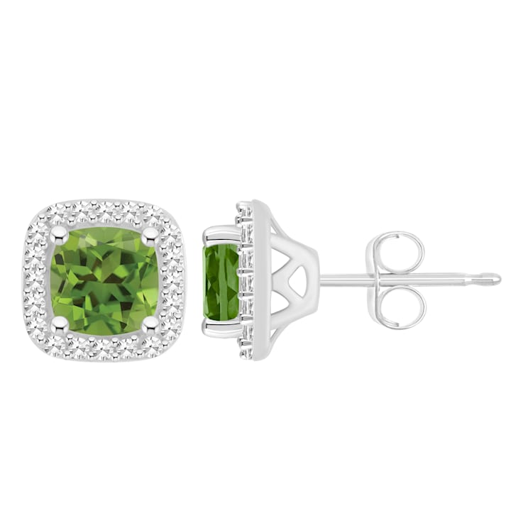 5mm Cushion Peridot 1/5 ctw Diamond Rhodium Over Sterling Silver Halo
Stud Earrings