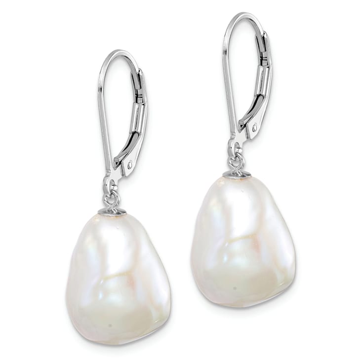 Rhodium Over Sterling Silver 11-12mm Keshi Pearl Leverback Dangle Earrings