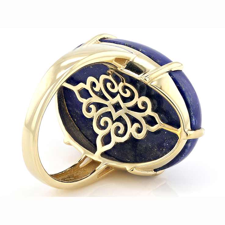 Lapis Lazuli Large Oval Solitaire Ring In 18K Gold Over Sterling Silver 25x18mm
