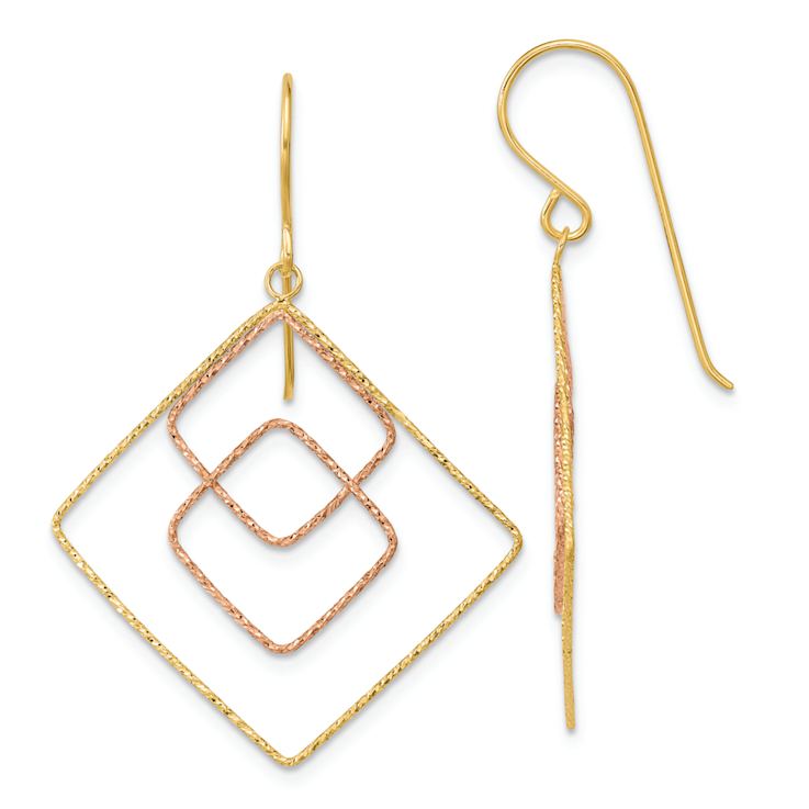 14k Two-tone Diamond-Cut Graduated Square Dangle Earrings