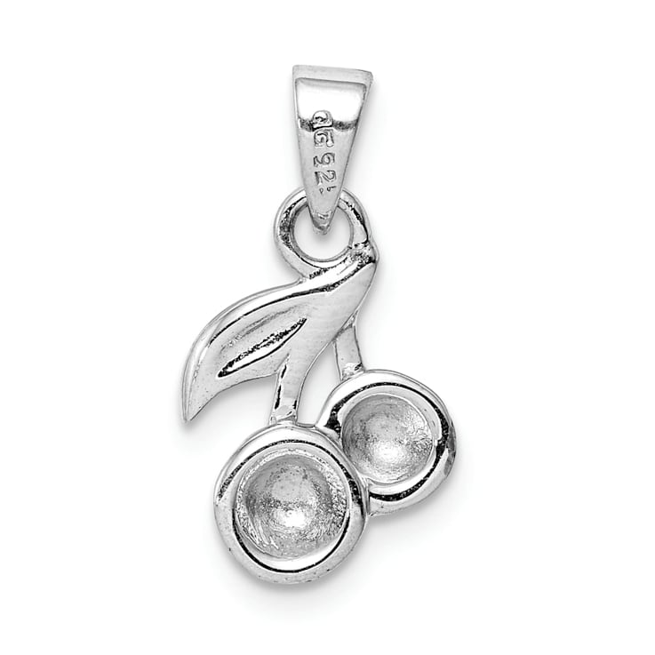 Rhodium Over Sterling Silver Red and Green Enameled Cherry Children's Pendant