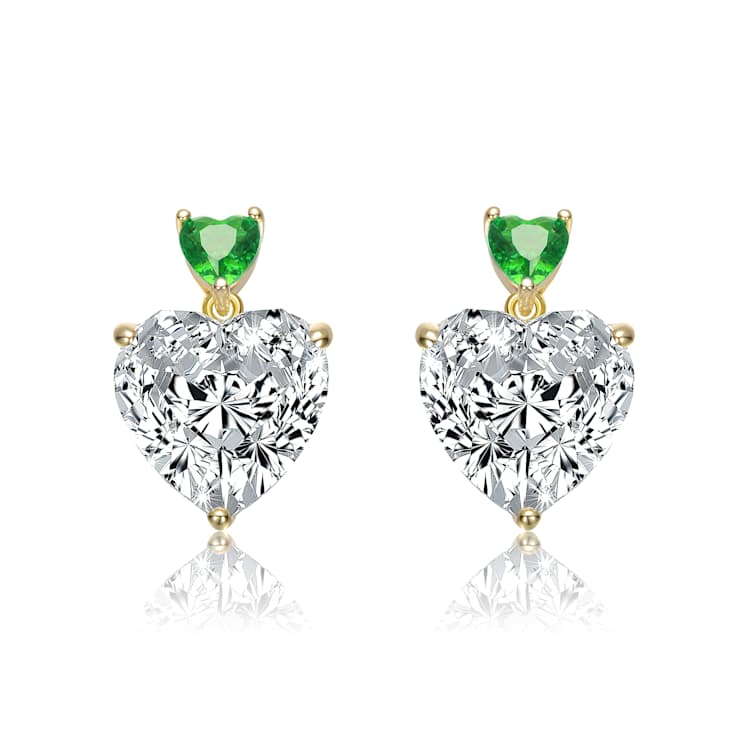 Emerald Color CZ Two-Stone Heart Dangle Earrings In 14K Gold Over
Sterling Silver
