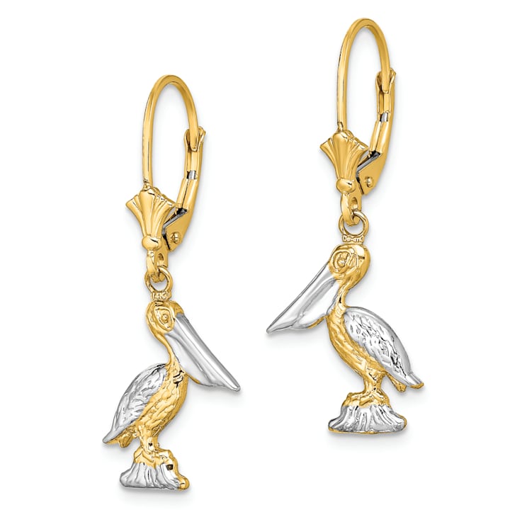 14K Two-tone Gold Textured 3D Standing Pelican Dangle Earrings
