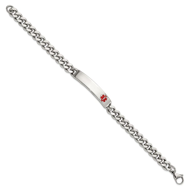 Stainless Steel Polished with Red Enamel 8.75-inch Medical ID Bracelet