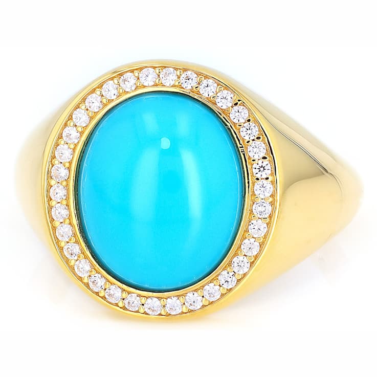 Turquoise Oval And White Zircon Ring In 18K Gold Over Sterling Silver 0.14ctw