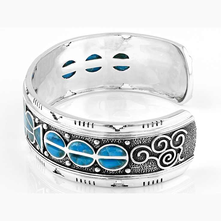Turquoise Inlay Oxidized Cuff Bracelet In Sterling Silver
