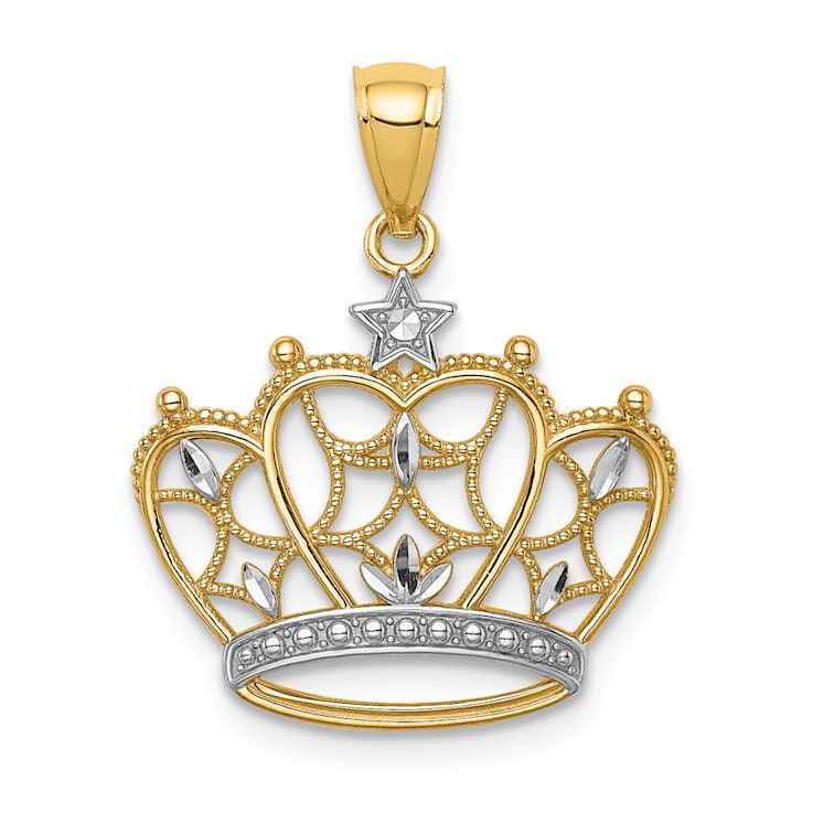 14K Yellow Gold with White Rhodium Diamond-Cut Filigree Crown Pendant