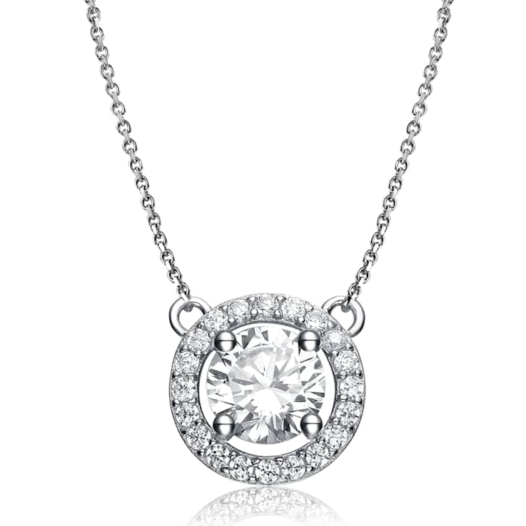 CZ Halo Pendant Necklace In Sterling Silver 16 Inch