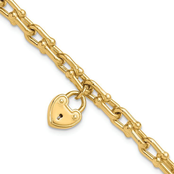 14k Yellow Gold Polished Link with Heart Lock Charm Bracelet