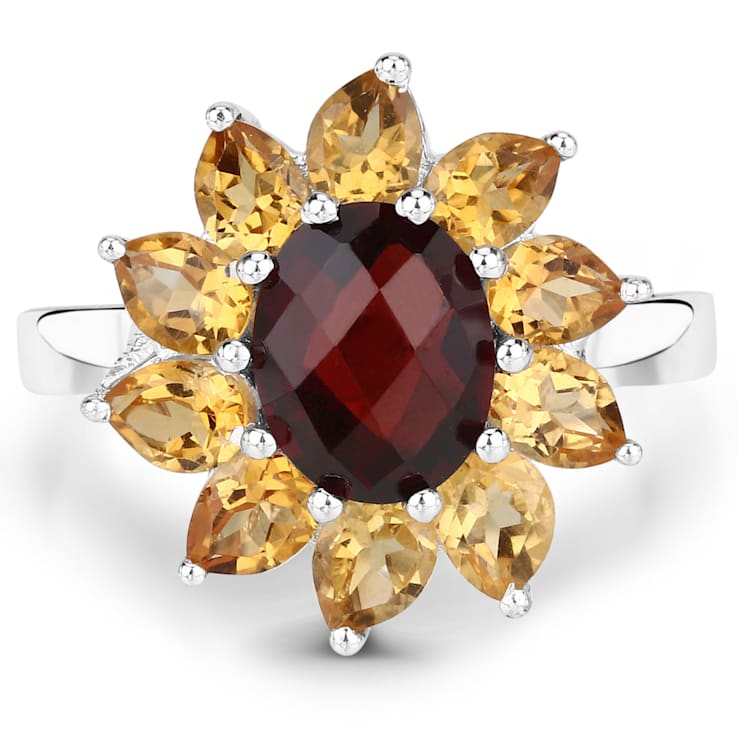 Red Garnet and Yellow Citrine Rhodium Over Sterling Silver Oval Floral
Cocktail Ring 5.5ctw