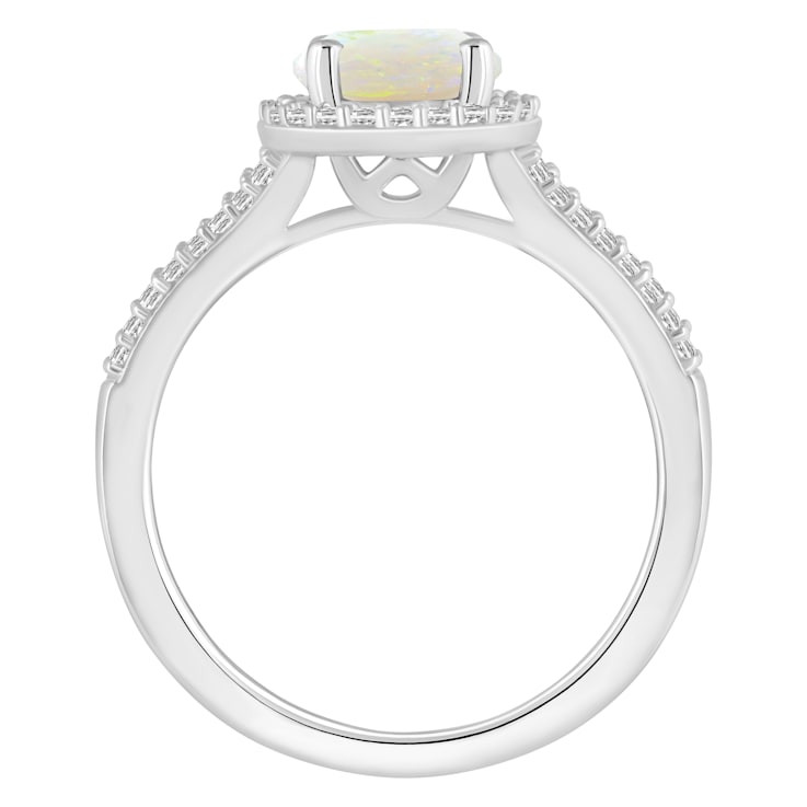 7mm Round Opal 1/4 ctw Diamond Rhodium Over Sterling Silver Halo Ring